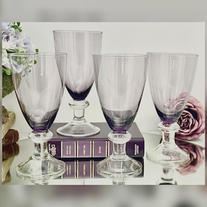 Vintage Amethyst Purple Wine Goblets Set of 4 Clear Knob Stem Blown Glass