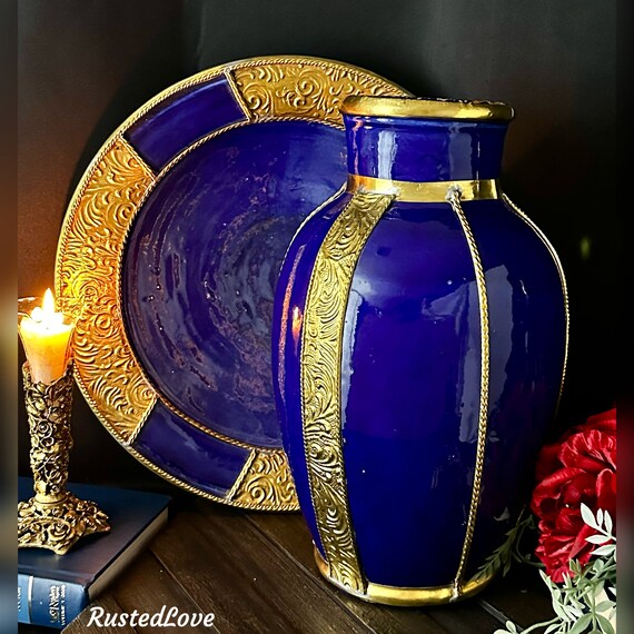 Moroccan Glazed Ceramic Vase / Moroccan Clay Plate / Blue Glazed Vase / Hand Hammered Brass Trimmed Vase / Moroccan Hand Crafted Vase