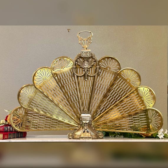 Brass Fireplace Folding Screen / Brass Cameo Fireplace Screen / Vintage Folding Peacock Screen / Folding Cameo Fireplace Brass Screen