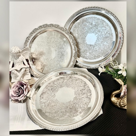 Vintage Silver Plated Trays Set of 3 Tea Serving Centerpiece Decorative Trays