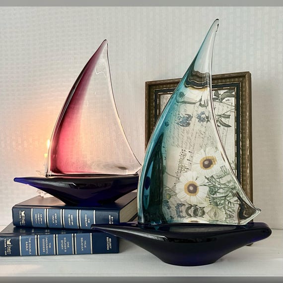 Blown Glass Sailboats / Colored Italian Murano Styled Sailboats / Blue & Purple Glass Sailboats / Murano Glass Sailboat Statues - 2