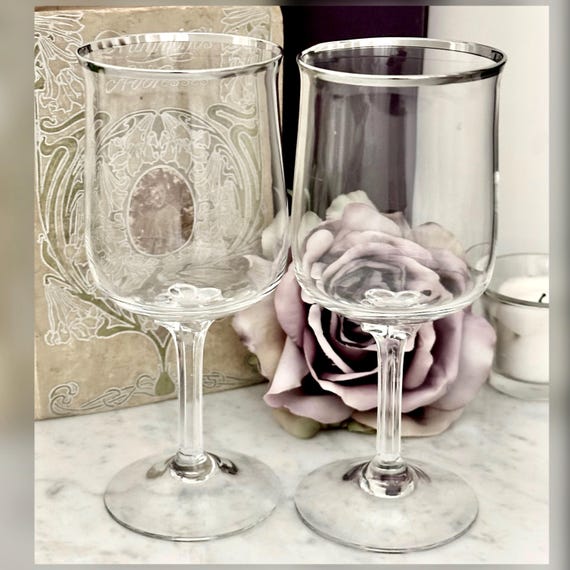 Lenox Desire Platinum Wine Glasses Pair Silver Rim Vintage Stemware
