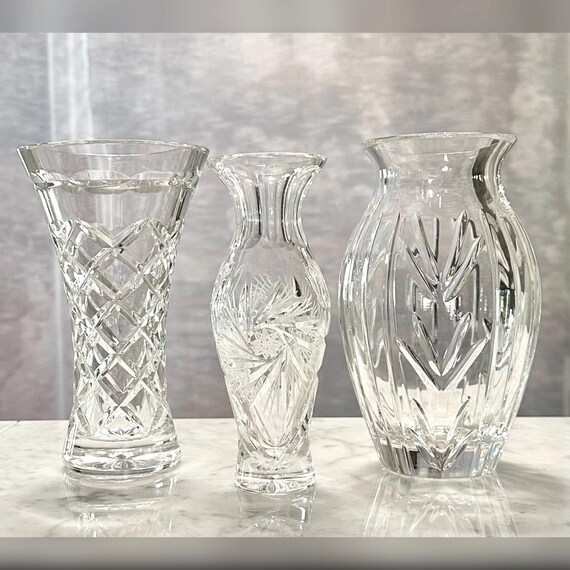 Vintage Posey Flower Crystal Vases / Vintage Cut Glass Etched Crystal Flower Vases / Cut Crystal Small Flower Vases / Crystal Posey Vases 3