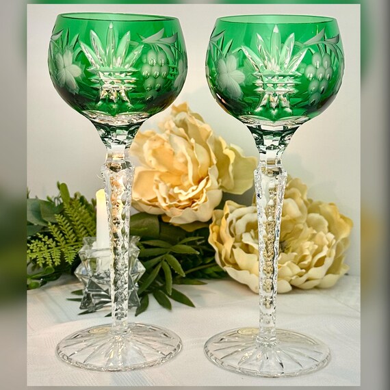 Bohemian Cut to Clear Green Hock Wine Glasses Crystal Clear Hungary Set of 2