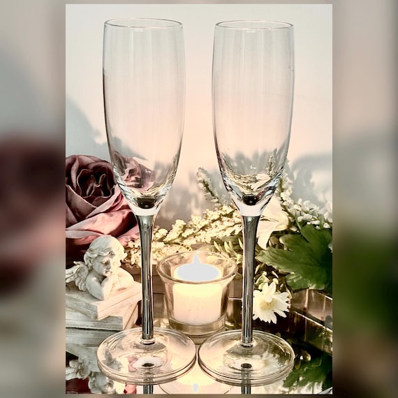 Vintage Champagne Flutes Silver Stem Toasting Glasses Pair