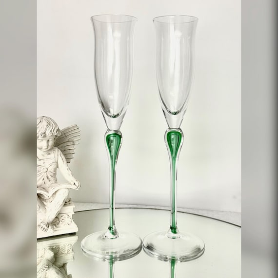 Julliard Mikasa Green Champagne Flutes / Mikasa Julliard Green Tear Drop Stem / Julliard Mikasa Wedding Flutes / Toasting Champagne Glasses