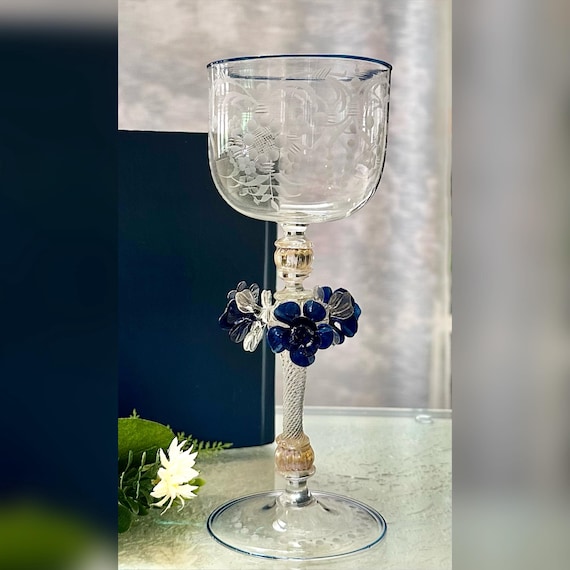 Murano Wine Glass Venetian Hand Blown / Venetian Clear & Blue Floral Italian Tipetto Glass / Murano Wine Glass / Hand Crafted Wine Glass