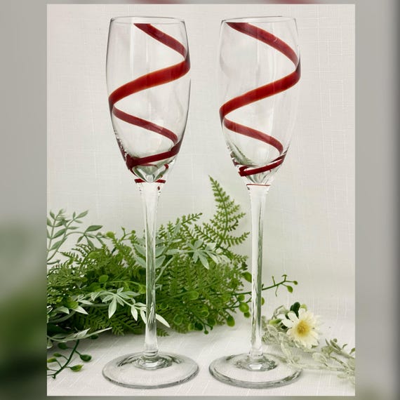 Pier 1 Red Swirline Champagne Glass Set of 2 Replacement Flutes