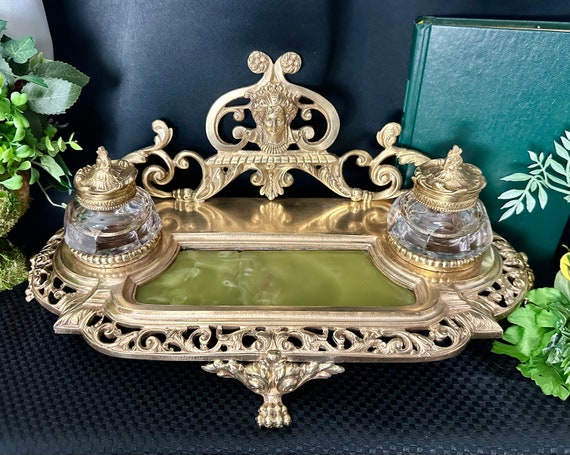 Antique French Bronze Double Inkwell Encrier Louis XV Desk Set