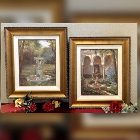 Giclee Paintings / Micheal Longo Canvas Artwork / Vintage Giclee Print / Fountain Picture / Framed Artwork / Signed Embellished Print PAIR