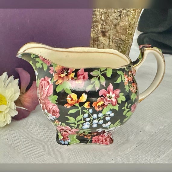 Chelsea Royal Winton Athena Creamer / England Chintz Floral Athena Creamer / Athena Black Background 5 Oz Creamer / Royal Winton England