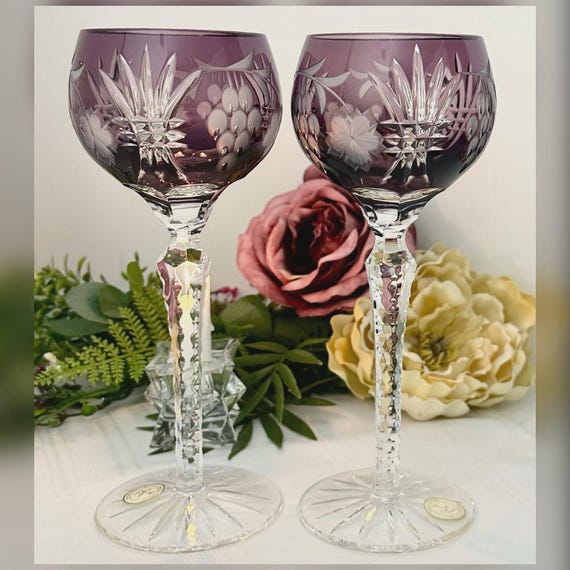 Bohemian Cut to Clear Amethyst Hock Wine Glasses Crystal Clear Hungary Set of 2