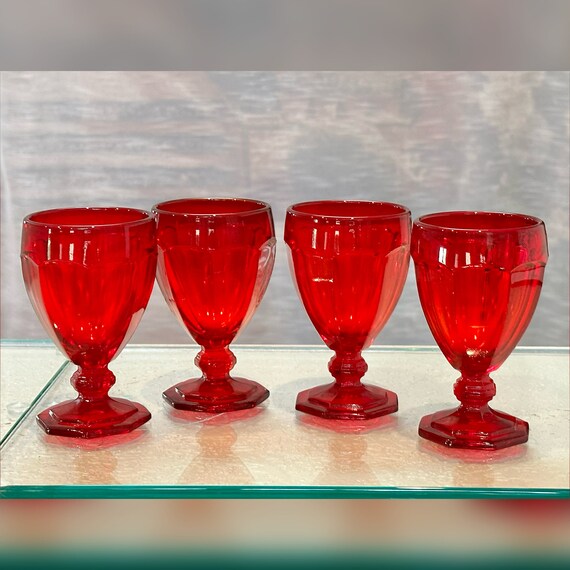 Vintage Red Pressed Glass Tumblers Set of 4 Mid Century Glasses 4.5"