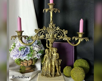 Antique Victorian Girandole Candlestick /  Brass Antique Victorian Girandole / Brass Antique Figural Candle Holder / Antique Brass Girandole