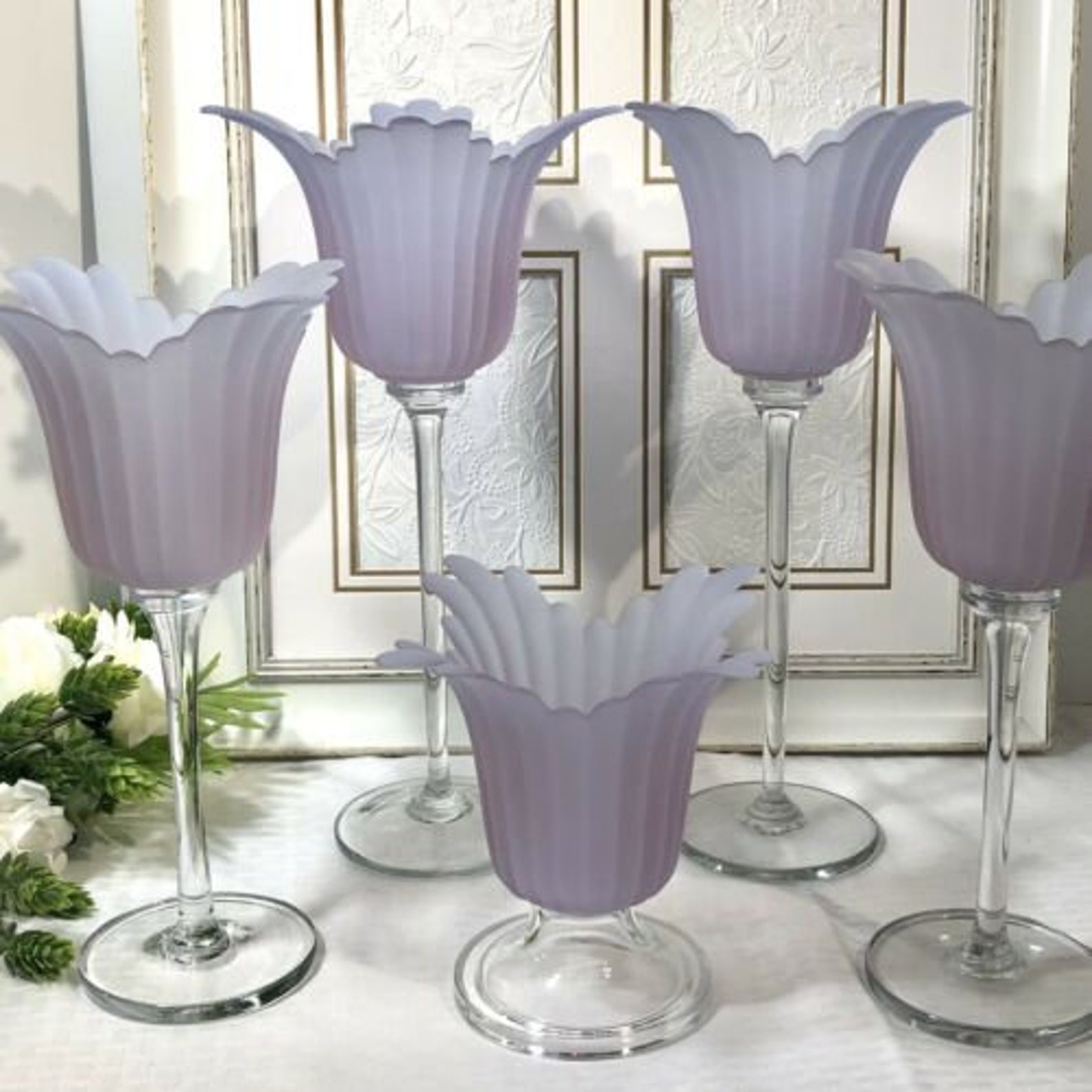 Vintage Pink Frosted Glass Flower Candle Holders/ Lavender Etsy