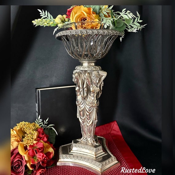 Art Deco Vase / Vintage Silver Plated Candle Holder / Art Deco Nude Lady Statue / Centerpiece Candle Holder / Art Deco Silverplated Vase