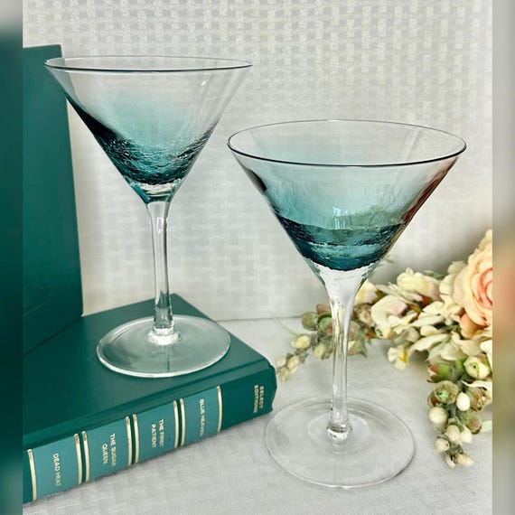 Pier 1 Teal Crackle Martini Glasses / Vintage Pier 1 Blue Teal Martini Glassware / Teal Crackle Martini Glasses / Pair Martini Glasses