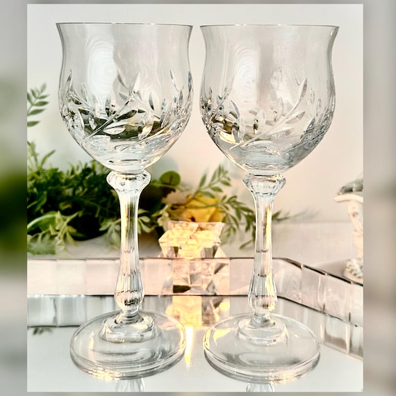 Vintage Mikasa Versailles Water Goblets - Leaf Cut, Textured Stem (Set of 2)