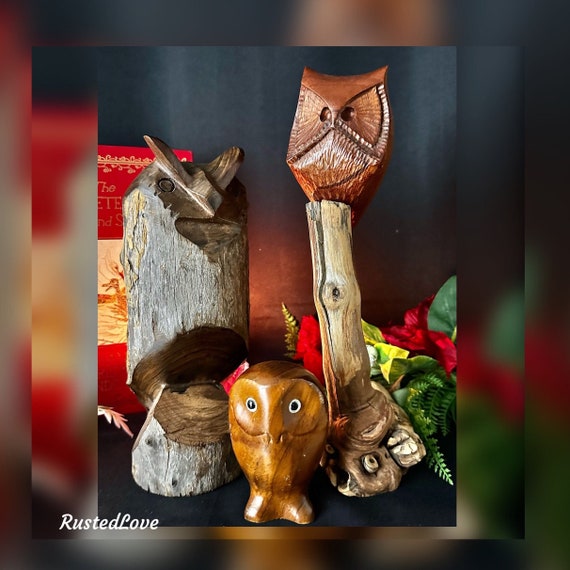 Owl Figurines / Wood Hand Crafted Owl Statues / Decorative Owl Collection / Vintage Owl Statues / Decorative Collectible Owl Statues