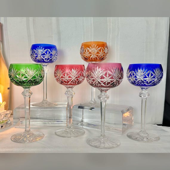 Bohemian Wine Hocks /  Bohemian Cut to Clear Wine Glasses / Cut To Clear Vintage Colored Wine Glasses /  Bohemian Cut to Clear Wine Hocks -6