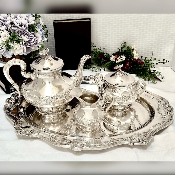Vintage Alpaca Tea Set / Alpaca Grape Decor Tea Pot Set /  Gorham Tray Silver Plated Tea Tray / Alpaca Tea Set / Discounted Tea Set