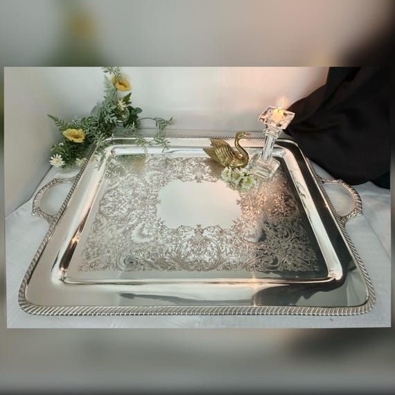 Rogers Victorian Etched Silverplate Butlers Serving Tray with Handles