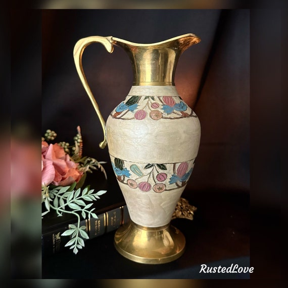 Brass Enamel Floral Vase / Cloisonné Vintage Pitcher/ Made in India Vase / Brass Pitcher / Decorative Cloisonne' Vase / Hand Made Vase