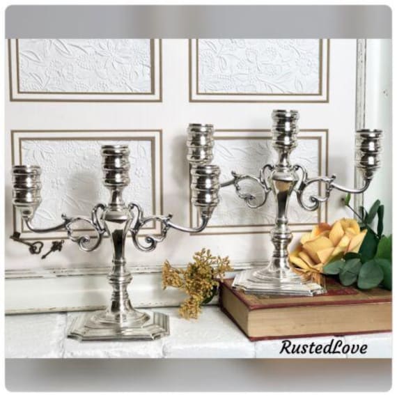 Sterling Silver Candelabra Pilgrim Candle holder set Monogramed "B" Weighted