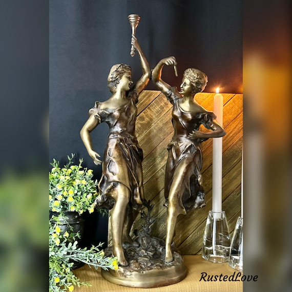 Bronze Sculpture / Vintage E Rancoulet Olympia Statue / Bronze Rancoulet of Two Women With Torch 20" / Vintage Rancoulet Bronze Figurine