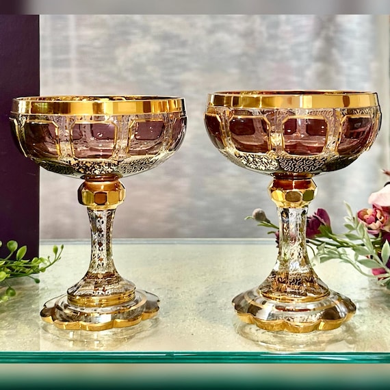 Steiner & Vogel Champagne Amethyst with Gold / Antique Moser Styled Champagne Coupes / 1920's Art Deco Moser Cabochon Paneled Glasses