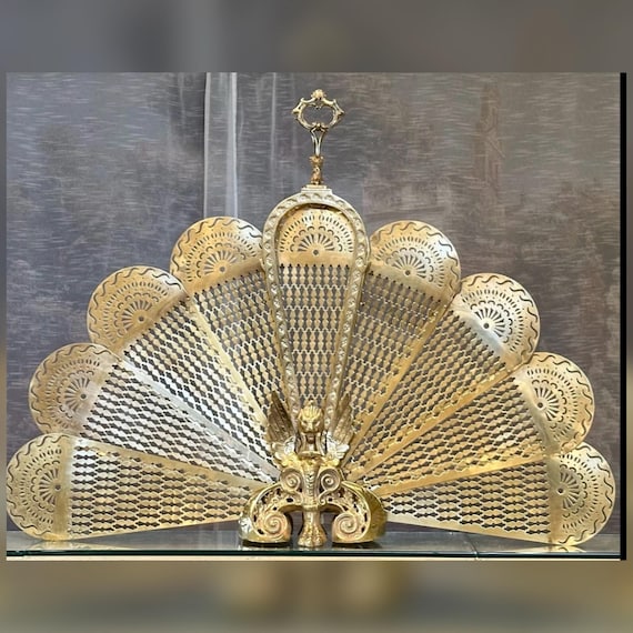Antique English Brass Gargoyle Fireplace Screen Peacock Fan Folding Hearth Screen Rare