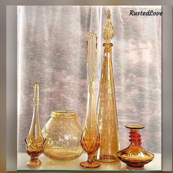 MCM Blown Glass Vases / Amber Vases / Mid Century Modern Swung Vases / Transparent Amber Glass Vases /  Decorative Vases / Set of 5 Vases