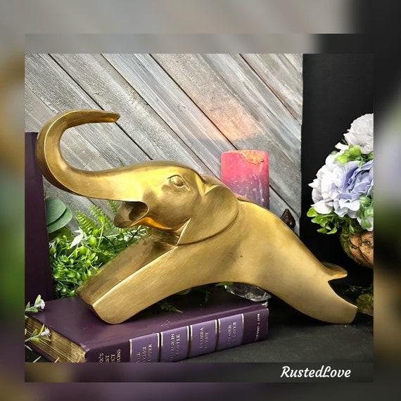 Brass Elephant Statue / Gold Figure / Solid Polished Brass / Modernist Statue / Dolbi Cashier Elephant / Collectible Gold Shelf Decoration