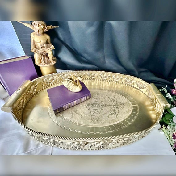 Brass Tray / Castilian Imports Etched  Brass Tray / Vintage Solid Brass Table Tray / Large Hand Crafted Embossed Tray / Coffee Table Tray