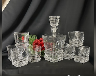 Vintage Decanter / Lattice Routh Decanter / Old Fashioned Glasses / Unique Barware Set / Glass Decanter / Gift for Him / Gift for Dad