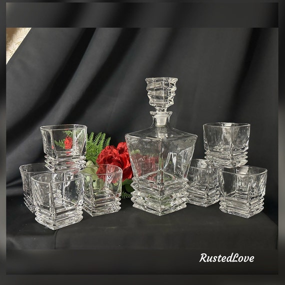 Vintage Decanter / Lattice Routh Decanter / Old Fashioned Glasses / Unique Barware Set / Glass Decanter / Gift for Him / Gift for Dad