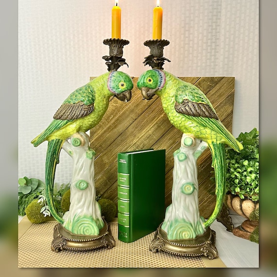 Castilian Imports Parrot Candle Holders / Original Castilian Porcelain Bronze Parrot Candlesticks / Green Castilian Parrot Pair Candlesticks