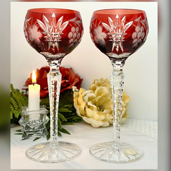 Bohemian Cut to Clear Red Hock Wine Glasses Crystal Clear Hungary Set of 2