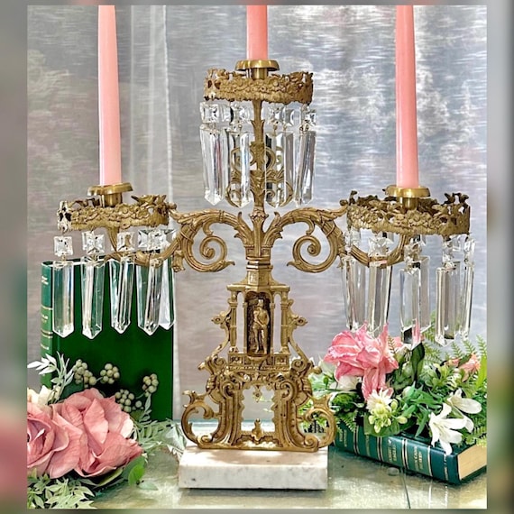 Antique Cornelius & Co Victorian Girandole Brass Crystal Candelabra