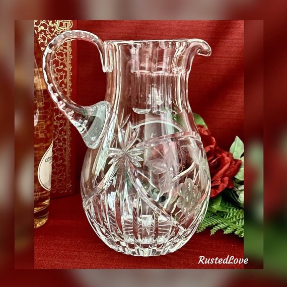 Vintage Water Pitcher / Etched Glass / Cut Crystal / Etched Grapes