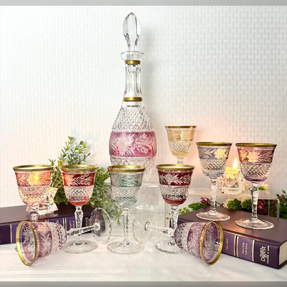 Crystal Decanter Set / Crystal Ebeling & Reuss Marchioness Decanter and Glasses / Blown German Crystal Decanter / Crystal Sherry Glasses