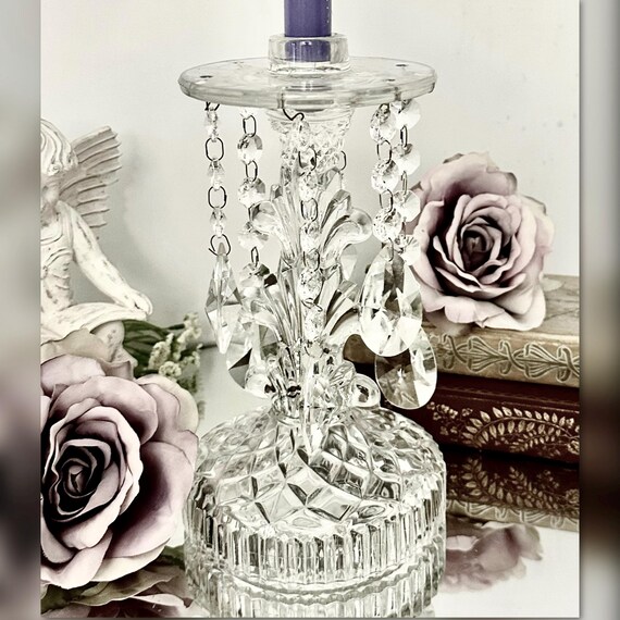 Vintage Glass Taper Candle Holder with Hanging Crystal Prisms