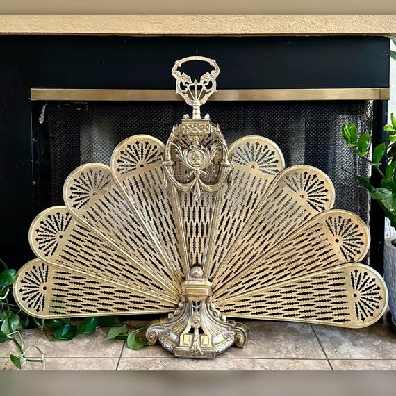 Brass Cameo Fireplace Screen / Vintage Folding Fireplace Peacock Screen / Art Deco Fireplace Folding Screen / Vintage Brass Fireplace Screen