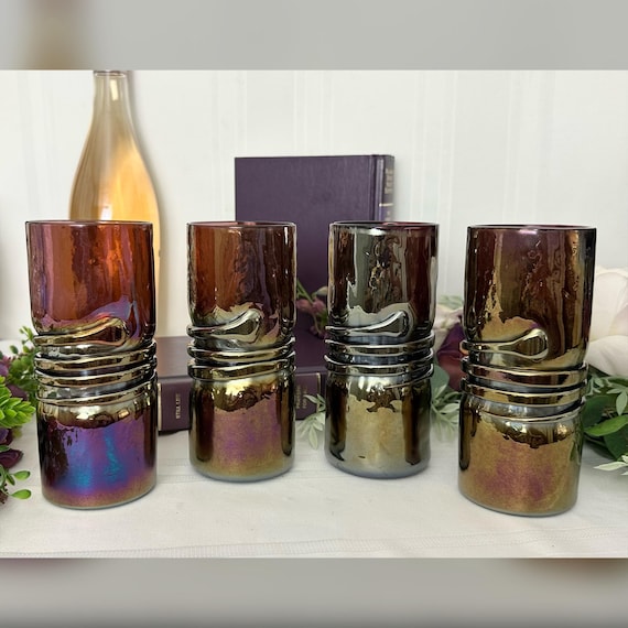 Esteban Prieto Signed Glasses / Vintage Iridescent Purple Studio Art Glasses / Estaban Prieto Iridescent Glasses / Highball Glasses - 4 Pc