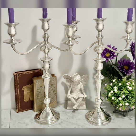 Vintage International Sterling Silver 3 Arm Candelabras Pair 17.5 Inch