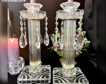 Crystal Candle Holders / Crystal Clear Industries Candle Sticks / Candlesticks with Hanging Crystals / Clear Crystal Candlesticks Gold Trim