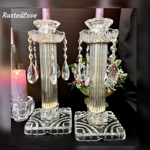 Crystal Candle Holders / Crystal Clear Industries Candle Sticks / Candlesticks with Hanging Crystals / Clear Crystal Candlesticks Gold Trim
