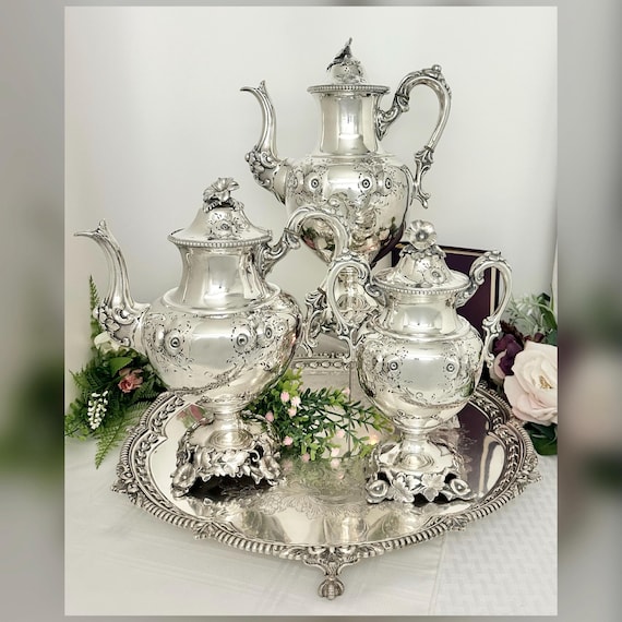 Antique Georgian Silver Plated Repousse Tea Set / Vintage Silverplated Floral Sugar Bowl, Tea Pot, Coffee Pot and Tray / Georgian Tea Set