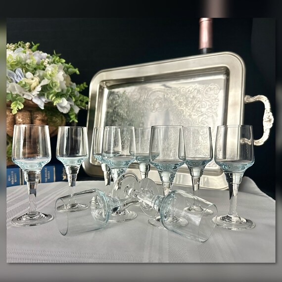 Saski Harmony Azure Blue Cordials / Saski Aperitif Glasses on Serving Tray / Colored Blown Cordial Glasses / Aperitif Glasses - 11 Pcs