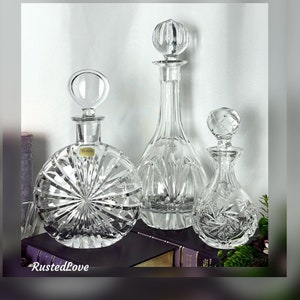Decanter Set / Vintage Barware Decanters / Blown Glass Bottles / Cruet Liquor Holder /  Cut Glass Decanters / Vintage Clear Glass Decanters
